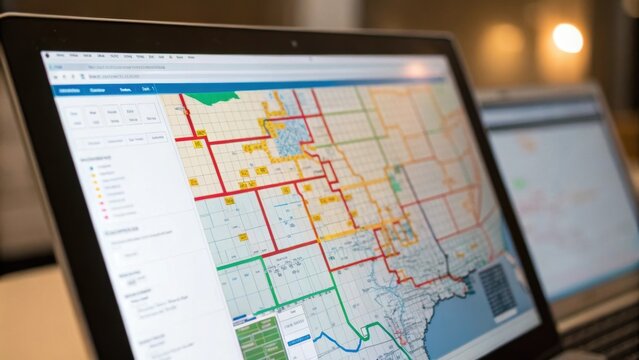 A medium closeup of a computer screen displaying a multilayered map of the pipeline network with overlays indicating flows pressure zones and potential leak detection areas.