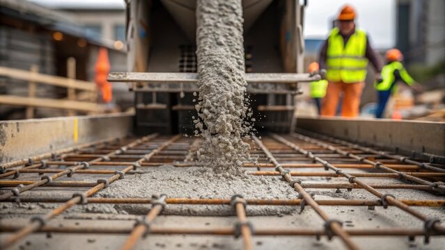 A medium closeup of a concrete mixer pouring fresh concrete into a rebar framework with droplets splashing and workers supervising the process.