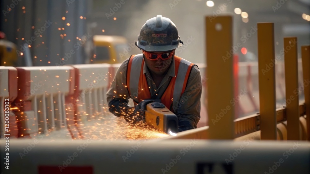 Aufkleber A medium closeup of a construction worker using a power tool to shape the edges of a barrier flying dust particles visible in the air emphasizing the action and focus of labor.
