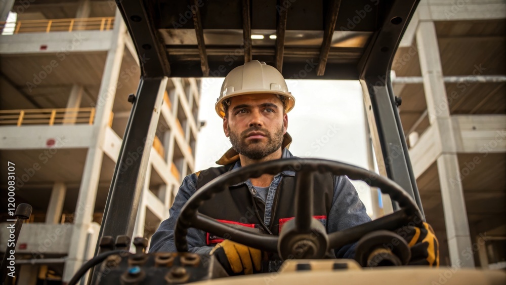 Aufkleber A medium closeup of a construction worker operating a crane focused on the controls with a partially constructed underground parking structure visible in the background.