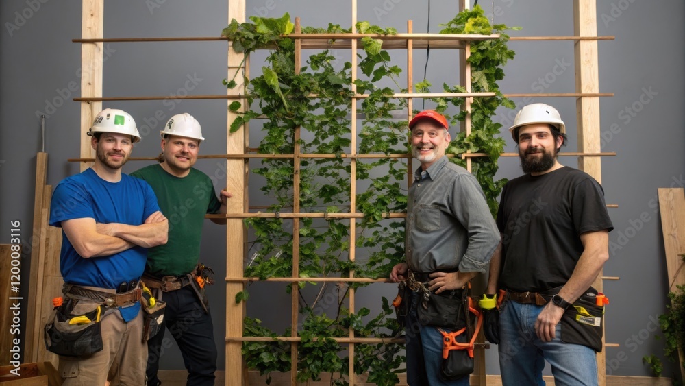 Poster A medium closeup of a construction team collaborating on securing a framework to support climbing plants surrounded by tools and materials essential for vertical gardening.