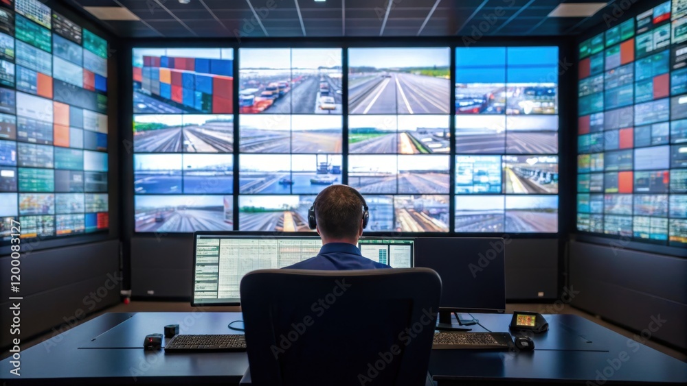 Fototapete A medium closeup of a control room filled with large screens displaying live feeds of container movements with an operator intently monitoring the automated systems.