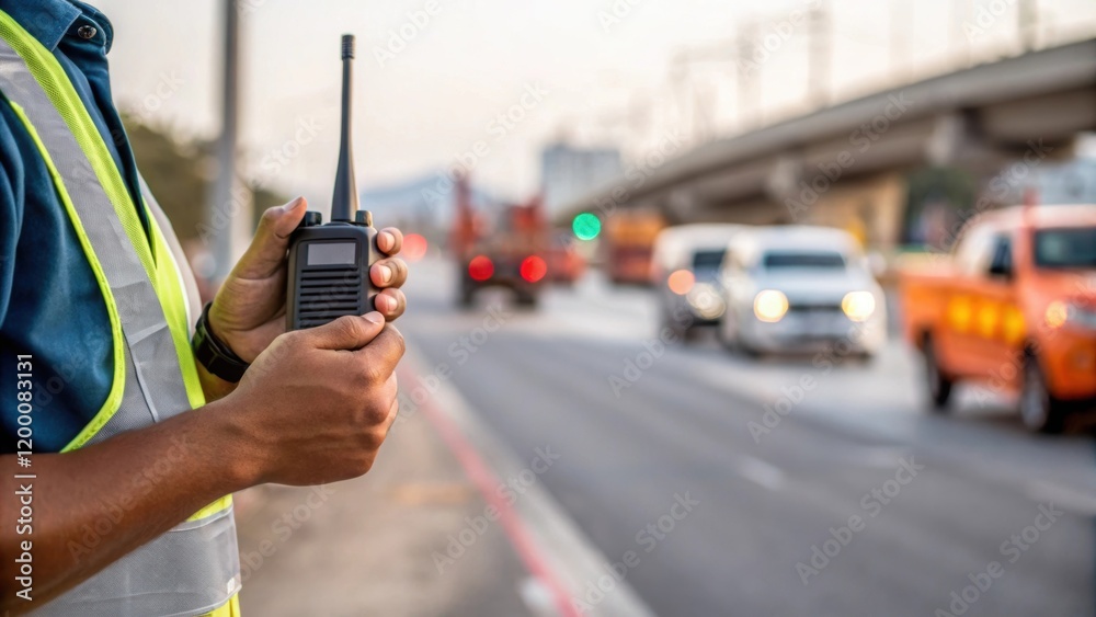 Poster a medium closeup of a construction workers hands holding a walkietalkie coordinating with a crew nea