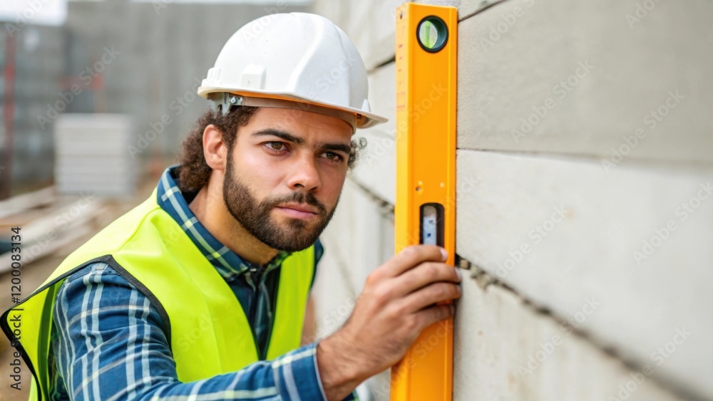 Poster a medium closeup of a construction worker measuring the height of a partially built retaining wall w