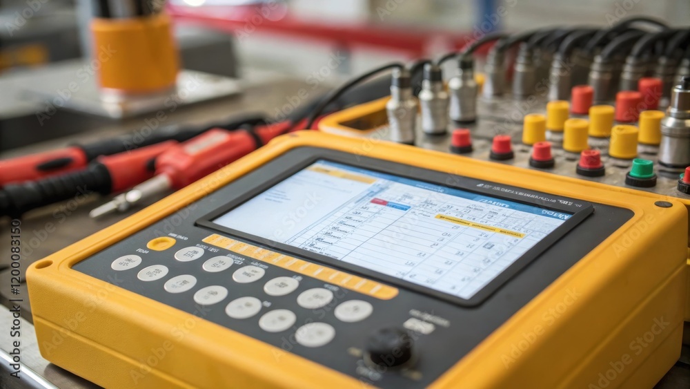 Leinwandbilder A medium closeup of a control panel featuring a touchscreen interface where technicians input parameters for an electromechanical testing device surrounded by an array of