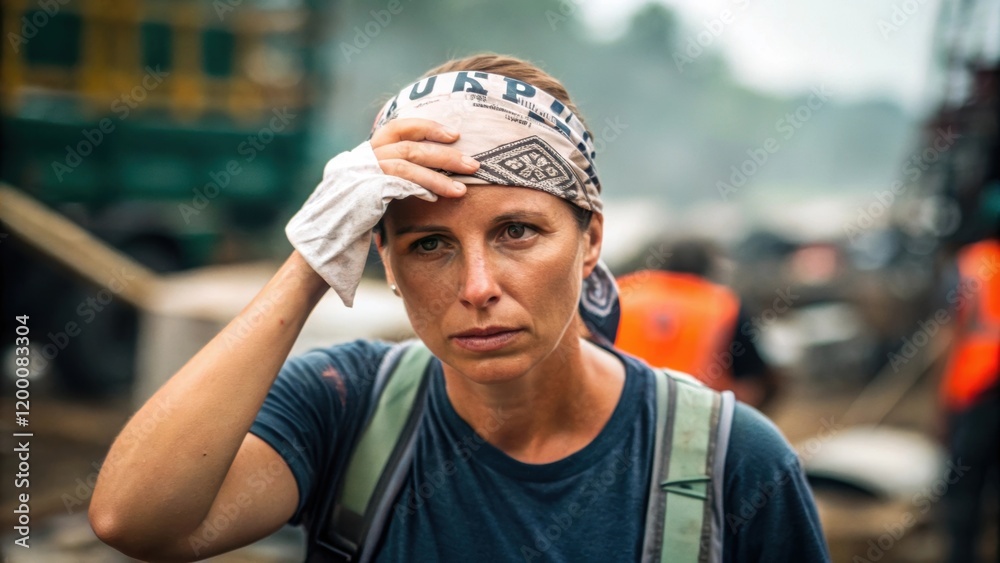 Poster A medium closeup of a crew member wiping sweat from their forehead with a bandana the background blurred but showing the chaotic worksite atmosphere.