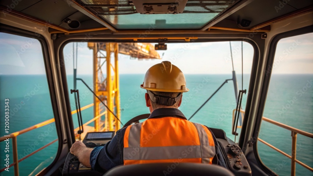 Fototapete A medium closeup of a crane operator in the cab focused on maneuvering a large section of the living unit into position with the ocean visible in the background.