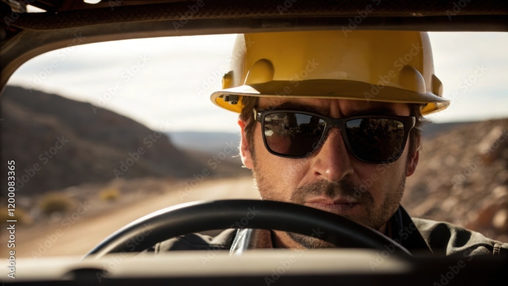 Poster a medium closeup of a drivers face partially obscured by sunglasses and a hard hat conveying focus a