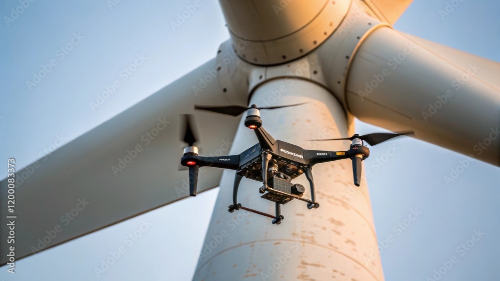 Poster a medium closeup of a drone hovering over a wind turbine capturing detailed images of the blades edg