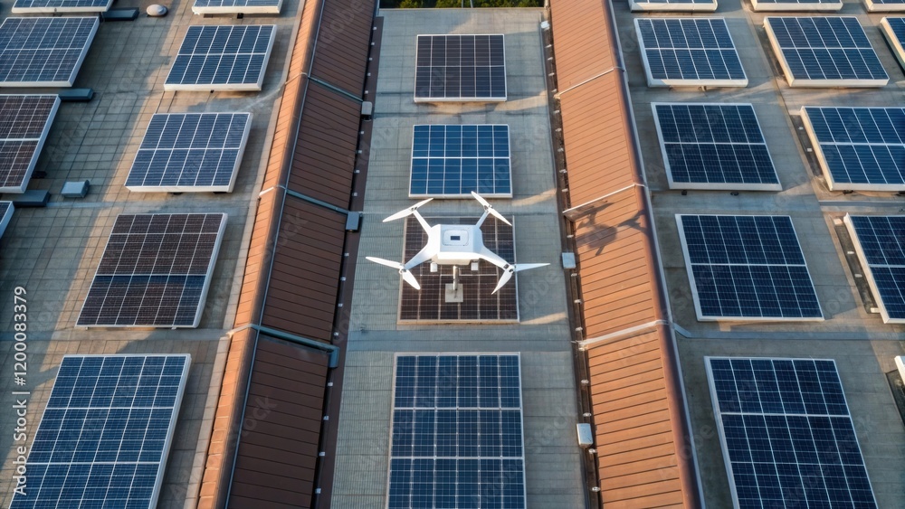 Poster a medium closeup of a drone capturing aerial imagery of solar panel installations on multiple roofto