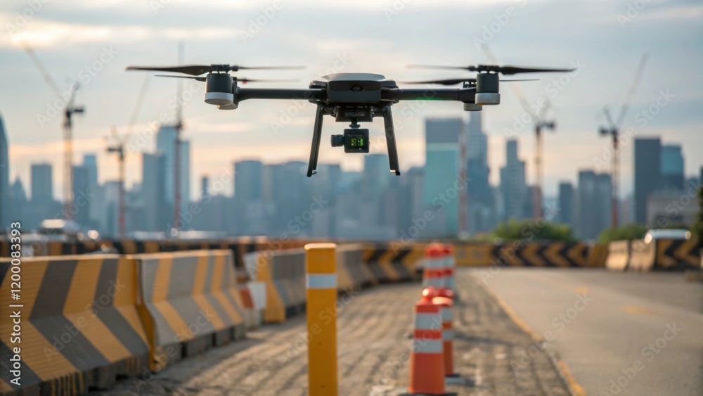 Aufkleber a medium closeup of a drone hovering above the construction site capturing the expansive view of the