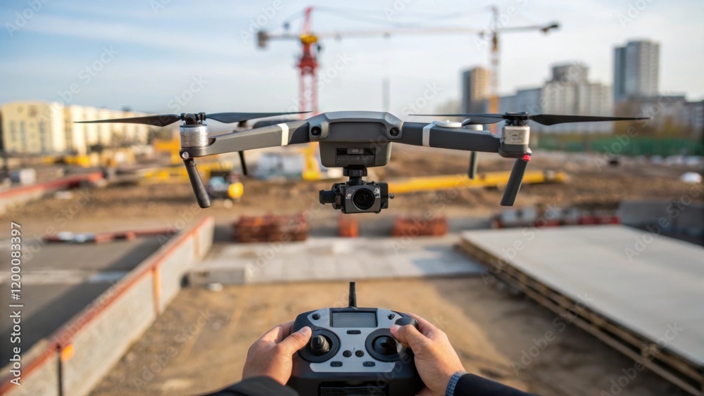 Poster A medium closeup of a drone being programmed by an operator with the construction site visible in the background illustrating the merger of technology and construction.