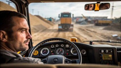 A medium closeup of a dashboard in a construction truck with gauges and controls in view showing the drivers focus as he maneuvers through the busy construction site.