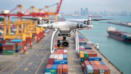 A medium closeup of a drone equipped with a camera flying over the port capturing images of the automated operations below amidst the sound of machinery.