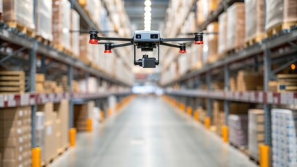 A medium closeup of a drone flying through the warehouse capturing the dynamic aspect of automated inventory management a towering shelves.