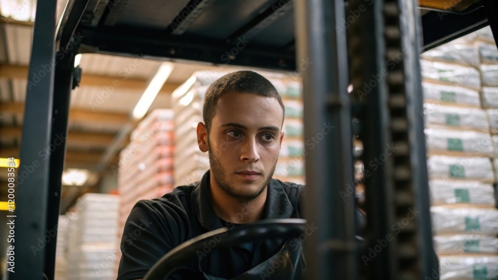 Poster a medium closeup of a forklift operator navigating through stacked goods capturing the tension and f