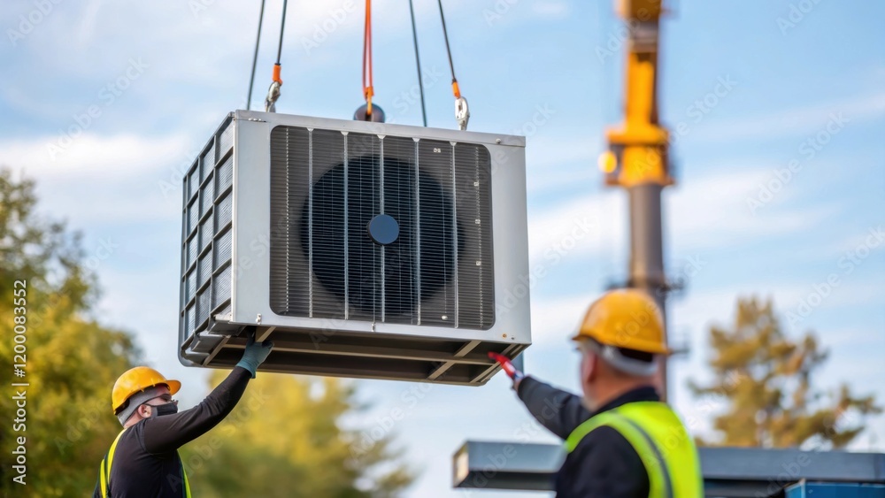 Poster A medium closeup of a geothermal heat pump unit being lowered into position with a crane in the background and technicians guiding it carefully to avoid damage.