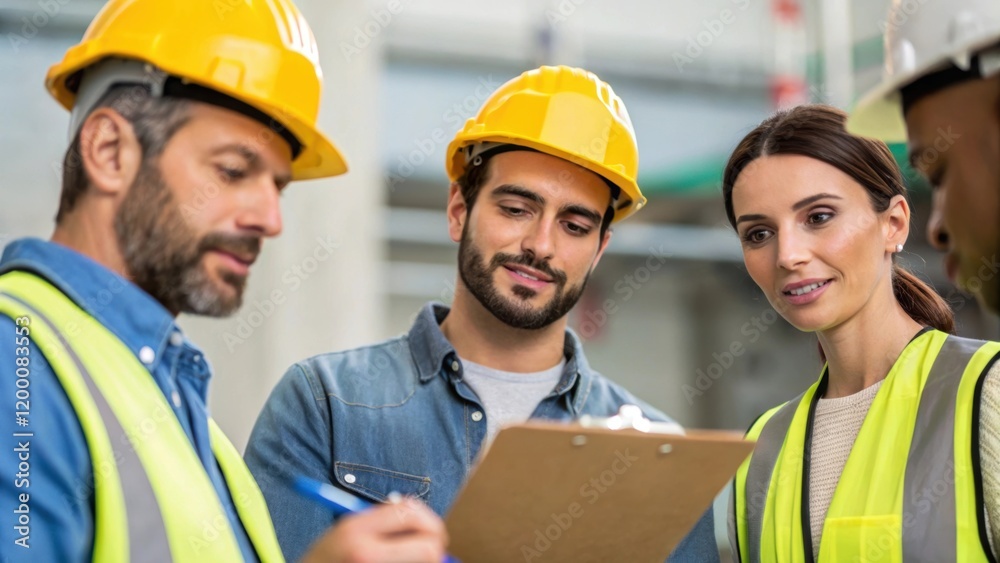 Poster A medium closeup of a group of workers engaged in a safety conversation with one holding a clipboard and taking notes symbolizing collaboration and communication.