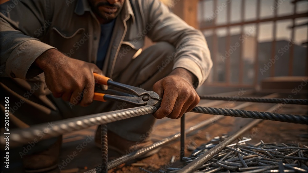Poster A medium closeup of a handson approach demonstrating a worker using pliers to rebar with shards of steel tering nearby.