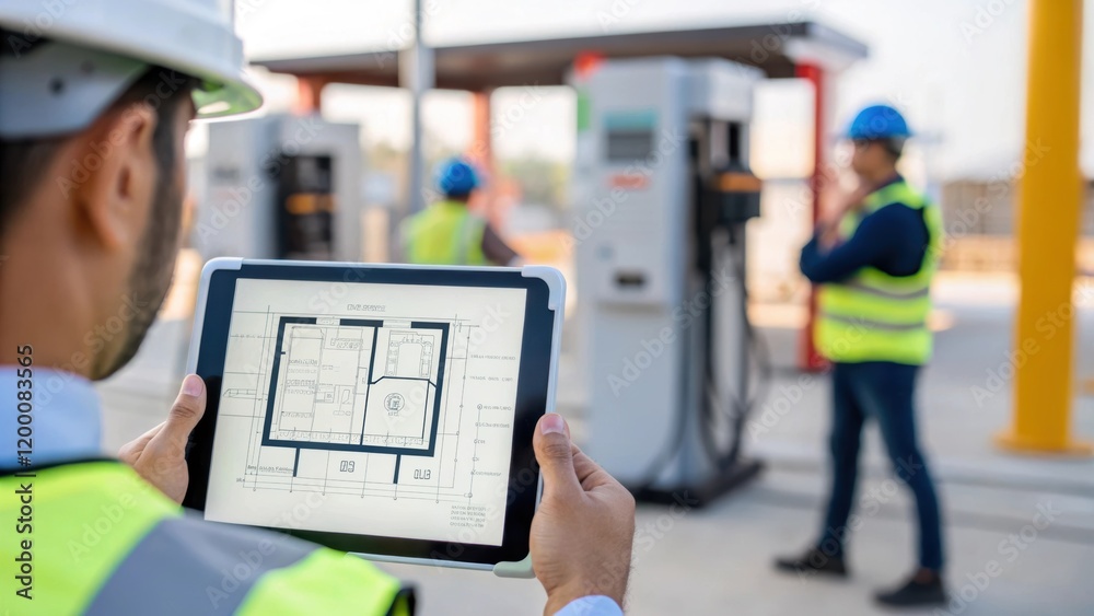 Aufkleber A medium closeup of a foreman reviewing a digital project blueprint on a tablet in the foreground while a charging station installation is taking place in the background