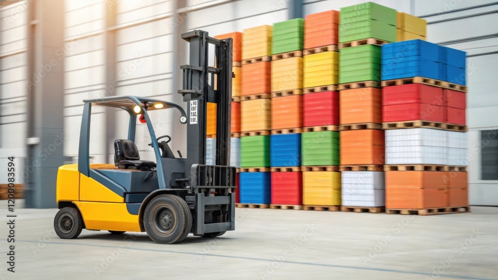 Leinwandbilder a medium closeup of a forklift in motion lifting a pallet stacked high with colorful boxes highlight