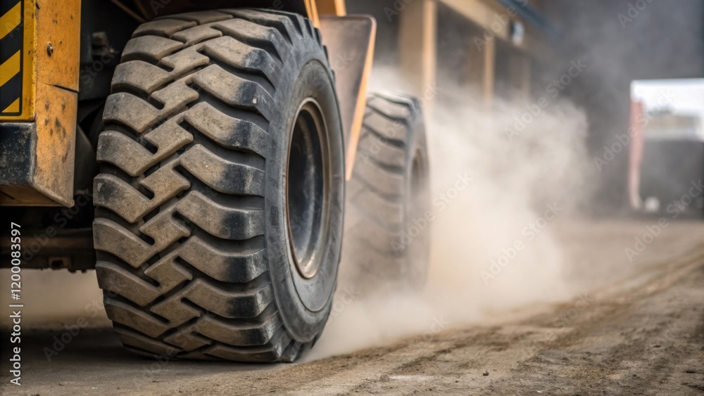 Poster a medium closeup of a forklifts tires gripping the ground showcasing the industrial tread pattern de