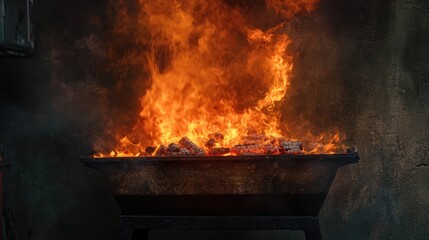 Fiery flames engulfing charcoal in a metal brazier.