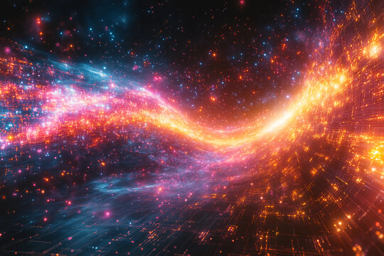 Visually Striking Abstract Representation of a Quantum Wavefunction with Colorful, Interfering Patterns Emanating from a Central Point, Seamlessly Integrated into a Digital Grid