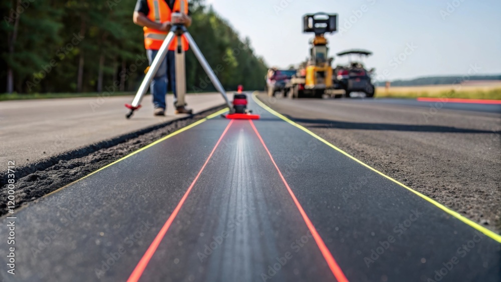 Fototapete a medium closeup of a freshly paved road section with a close inspection by a surveyor using a laser