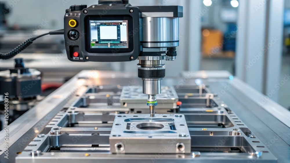 Poster A medium closeup of a hightech machine performing an inspection with a digital camera capturing images of components revealing the blending of vision systems into manufacturing.