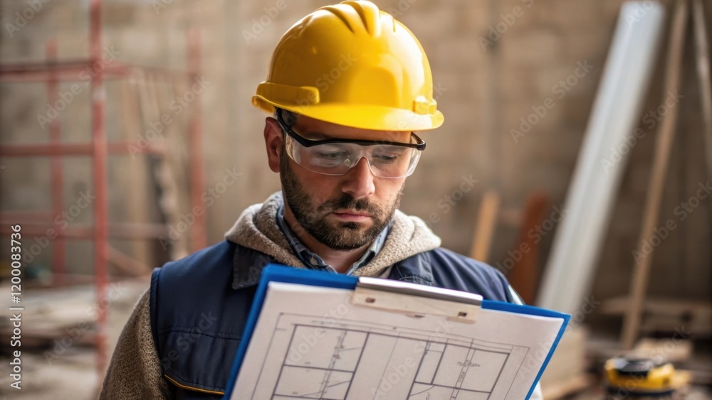 Poster a medium closeup of a laborer wearing a hard hat and safety glasses reviewing blueprints on a clipbo