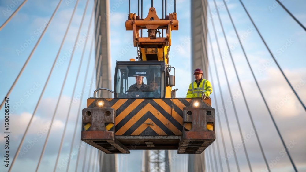 Aufkleber A medium closeup of a hydraulic crane lifting one of the heavy bridge components the cables taut and the operator visible in the cab highlighting the scale of the machinery
