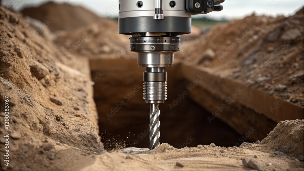 Poster a medium closeup of a hightech drilling machine its rotating drill bit capturing the detail of earth