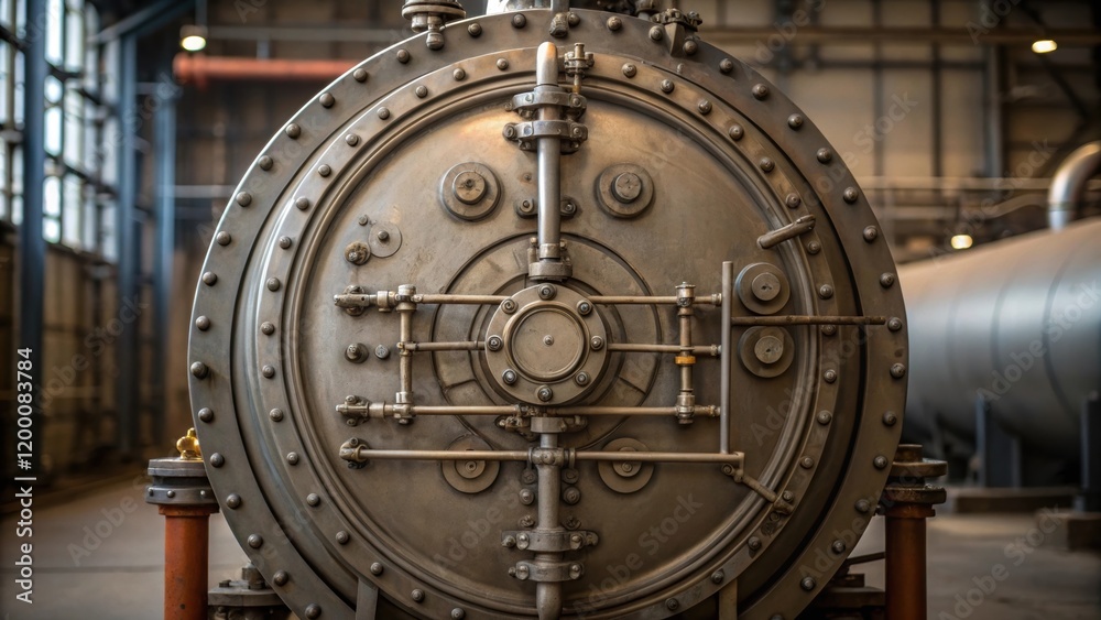 Poster a medium closeup of a large circular steel drum with intricate piping and valves showcasing the comp