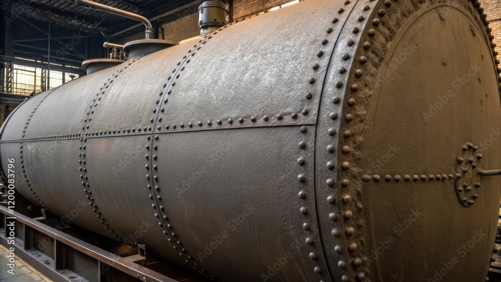 Poster a medium closeup of a large industrial boilers cylindrical body highlighting the textured surface an