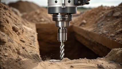 A medium closeup of a hightech drilling machine its rotating drill bit capturing the detail of earth being excavated for the bunkers entrance.