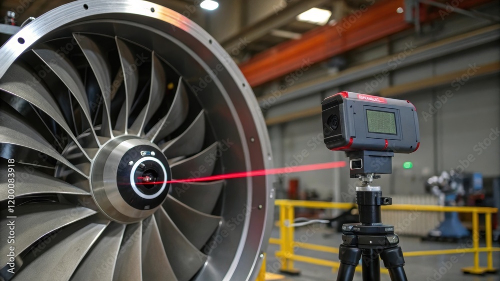 Fototapete A medium closeup of a laser measuring device aimed at a rapidly spinning turbine capturing precision measurements in a highspeed performance assessment.