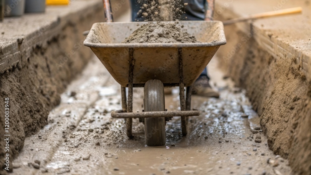Poster A medium closeup of a laborer pouring cement into an irrigation ditch using a wheelbarrow the mixtures thick consistency creating small splatters around the area.