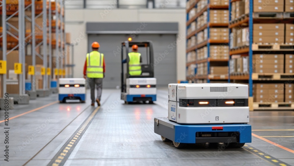 Poster A medium closeup of a loading dock with automated vehicles transporting goods in and out showing the integration of logistics and automation in the warehouse workflow.