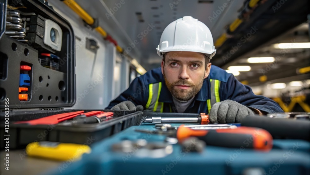 Poster a medium closeup of a maintenance worker inspecting machinery before loading with tools and spare pa