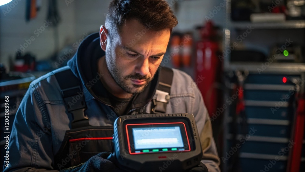 Aufkleber A medium closeup of a maintenance worker using a digital diagnostic tool with the glowing screen reflecting on their focused expression as they evaluate the scrubbers