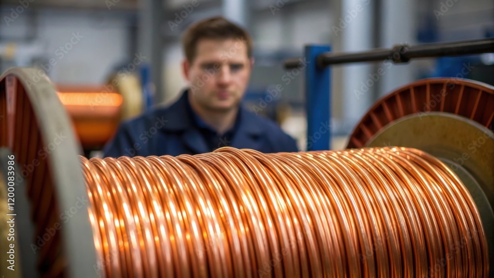 Poster a medium closeup of a machine operator guiding thick copper wires as they enter a twisting apparatus