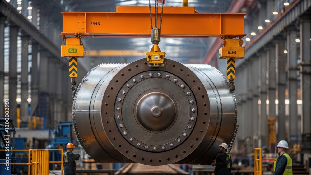 Poster a medium closeup of a massive boiler drum being carefully maneuvered by a crane showcasing the scale