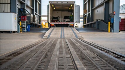 A medium closeup of a loading ramp where a truck backs in to receive cargo with tire tracks in the dust and equipment in the background.