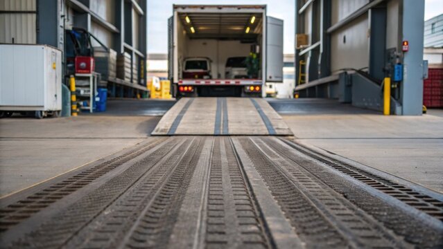 A medium closeup of a loading ramp where a truck backs in to receive cargo with tire tracks in the dust and equipment in the background.