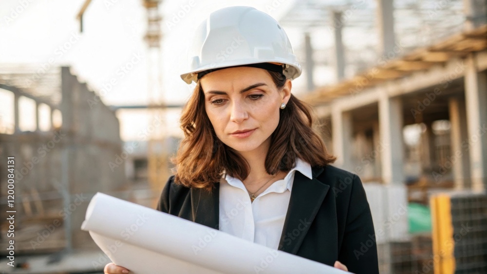Poster a medium closeup of an architects face deep in thought with a hard hat on as she examines a rolledup