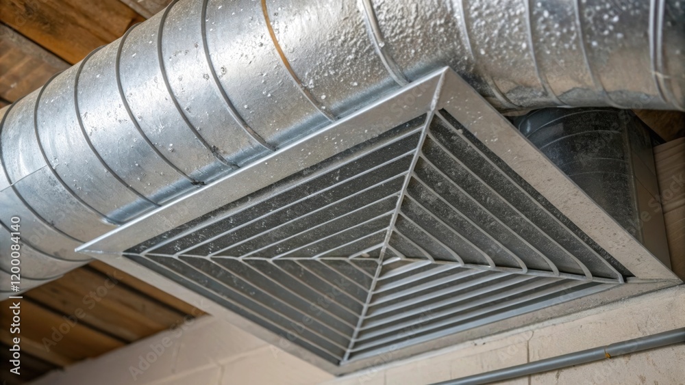 Poster A medium closeup of an air purification units ductwork with visible condensation highlighting potential issues in moisture management and the need for regular assessment.