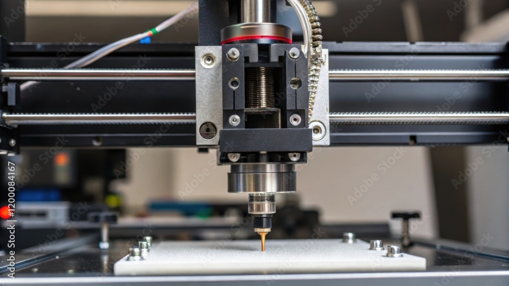 Poster A medium closeup of an automated nozzle mechanism poised to activate tying in elements of engineering with a focus on the intricate moving parts and sensors.