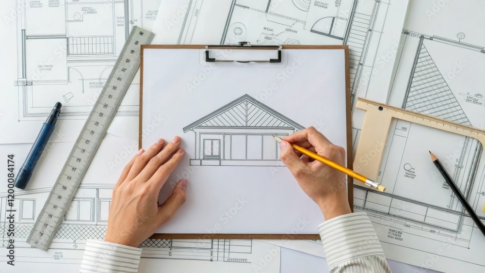 Poster A medium closeup of an architects hands sketching additional design modifications on a clipboard surrounded by construction plans highlighting the creative process behind the