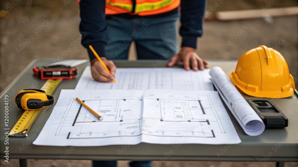 Aufkleber A medium closeup of an engineer inspecting blueprints laid out on a portable table with construction tools tered around highlighting the planning aspect of the underground